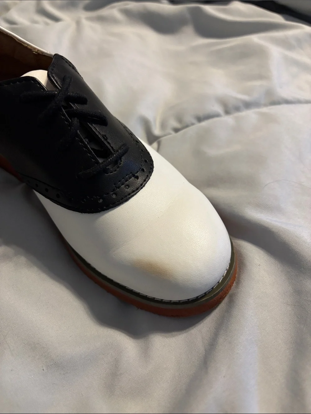 School Issue Two-Tone Kids Saddle Shoes in White and Black with Brown Sole